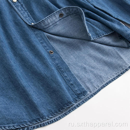 Модная мужская синяя удобная джинсовая рубашка с длинным рукавом